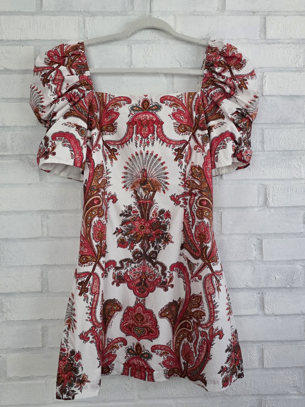 Cara Cara Kelly Puff Sleeve Mini Sheath Dress Coral Peacock Medium 100% Cotton